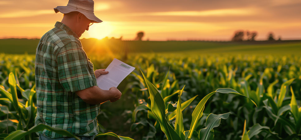 Produtor rural em lavoura ao entardecer com documento em mãos, representando comprovação da atividade e organização fiscal