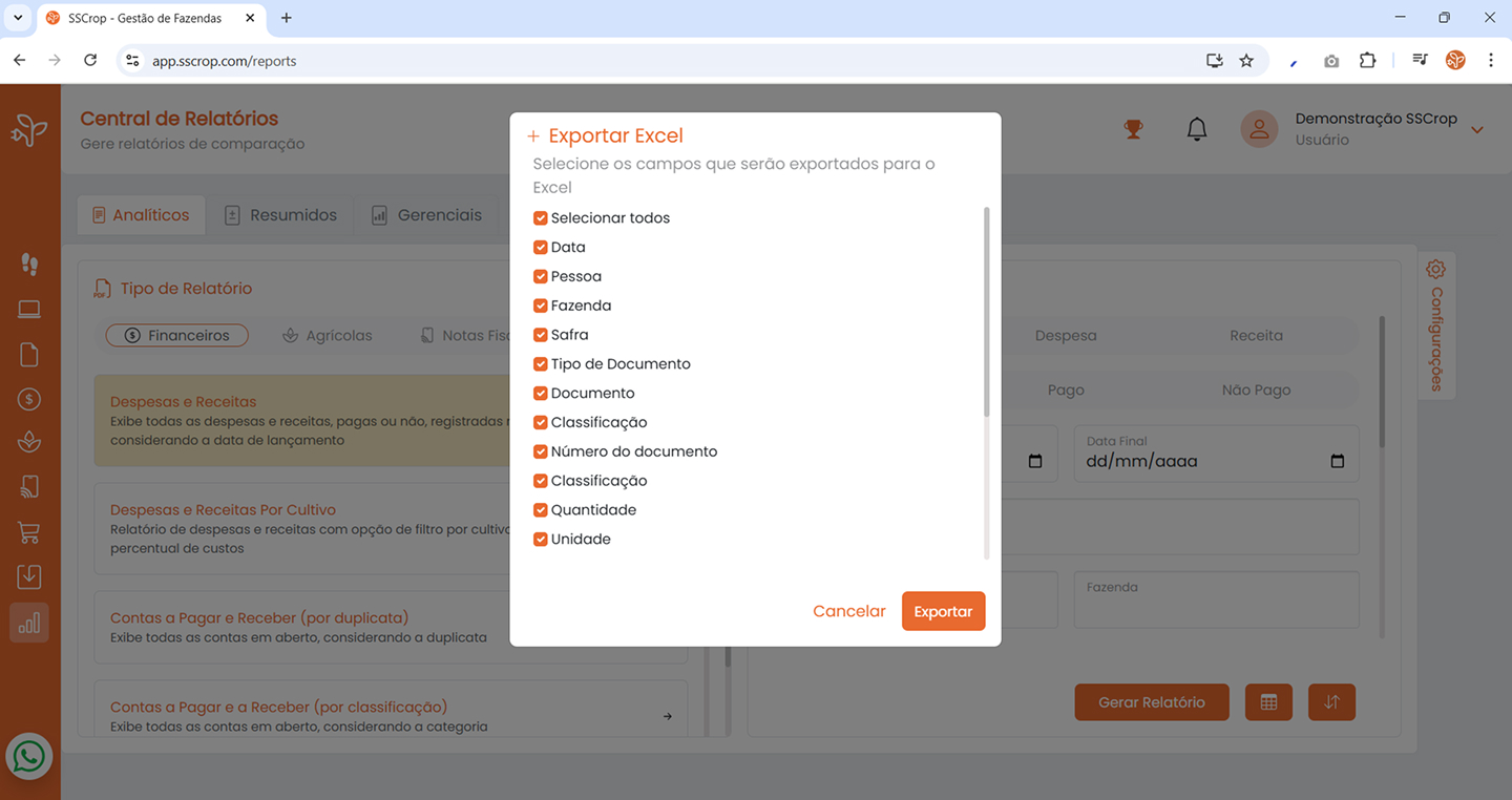 Gestão rural inteligente com relatórios sob medida: exporte para Excel e organize dados de forma prática